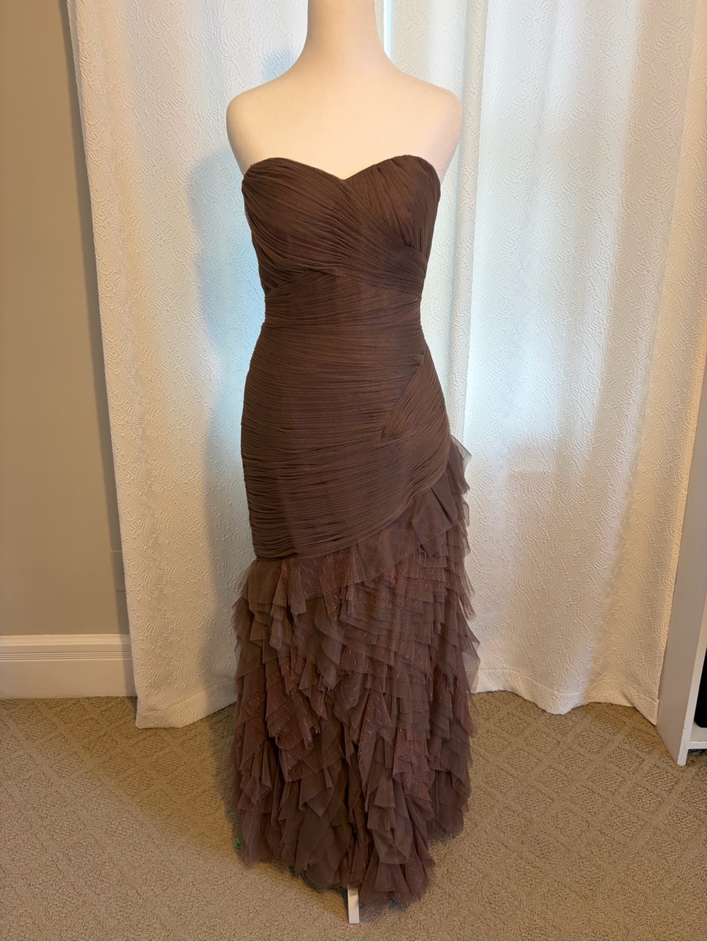 Designer Strapless Ruffled Tulle Evening Gown in Color Pale Aubergi